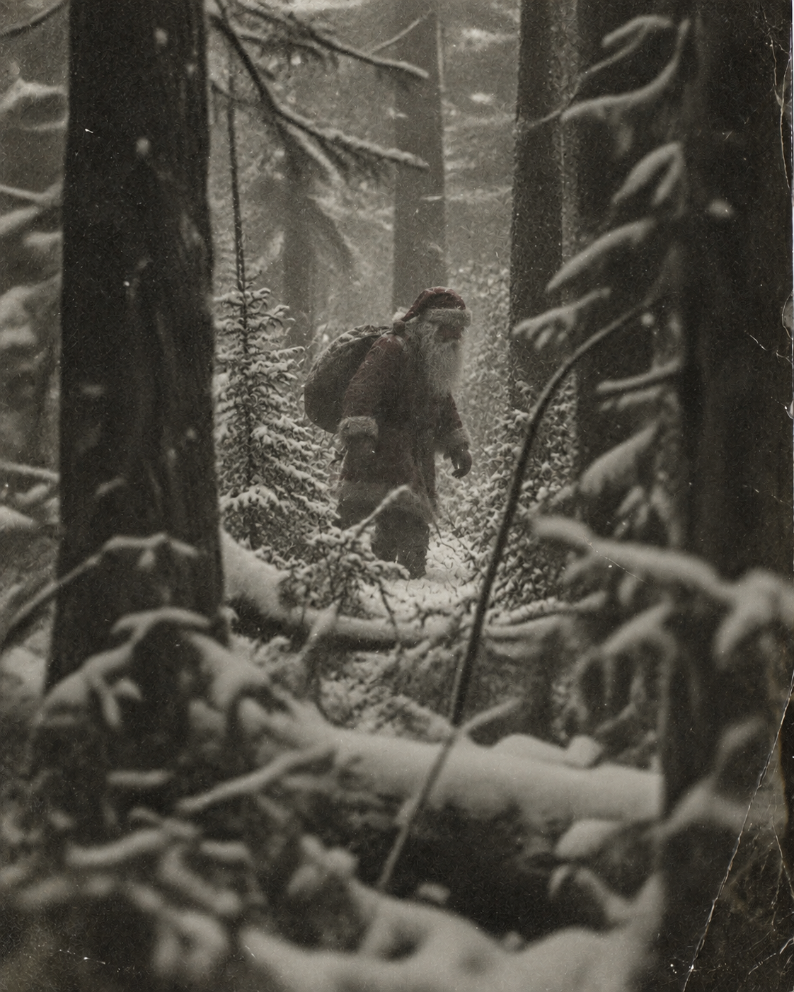 Grainy archival photograph of a Santa Claus-like figure walking through a snowy forest